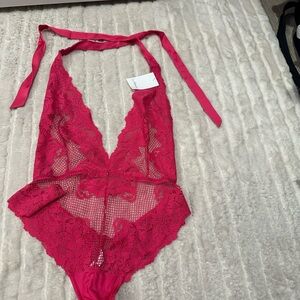 Lace Halter Bodysuit in Vibrant Pink